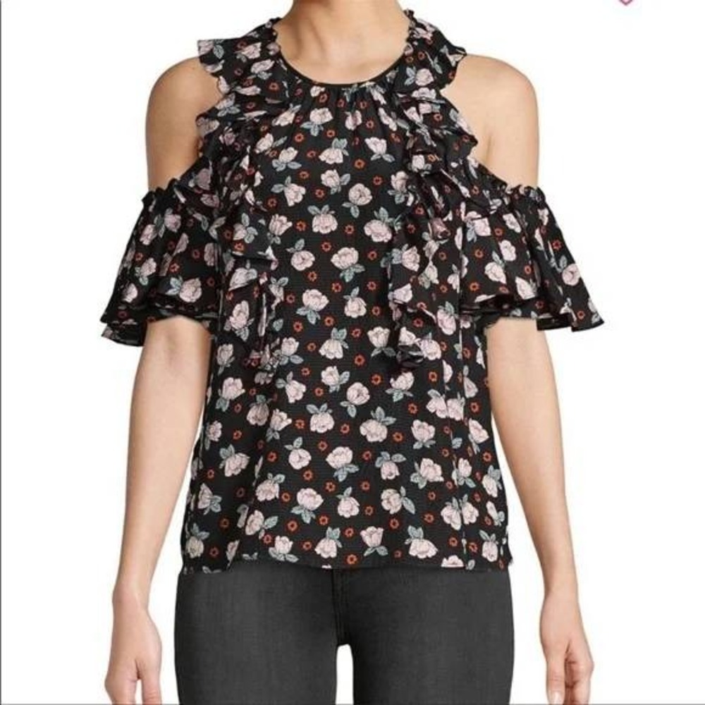 Rebecca Taylor Silk Floral Cold‎ Shoulder Ruffle Blouse Boho Romantic Size 12